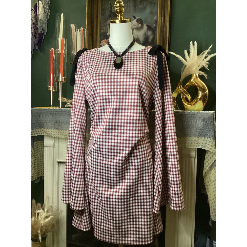 Cider Burgundy Gingham Bow Shoulder Long Sleeve Mini Dress XL